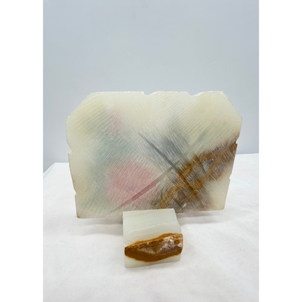 Vintage Mexican Onyx Hand Painted Hummingbird Floral Stone Art Slab with Base - Picture 8 of 8